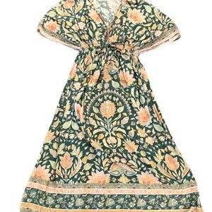 World Market Boho Floral Maxi Dress – Green Peach Block Print – S/M
